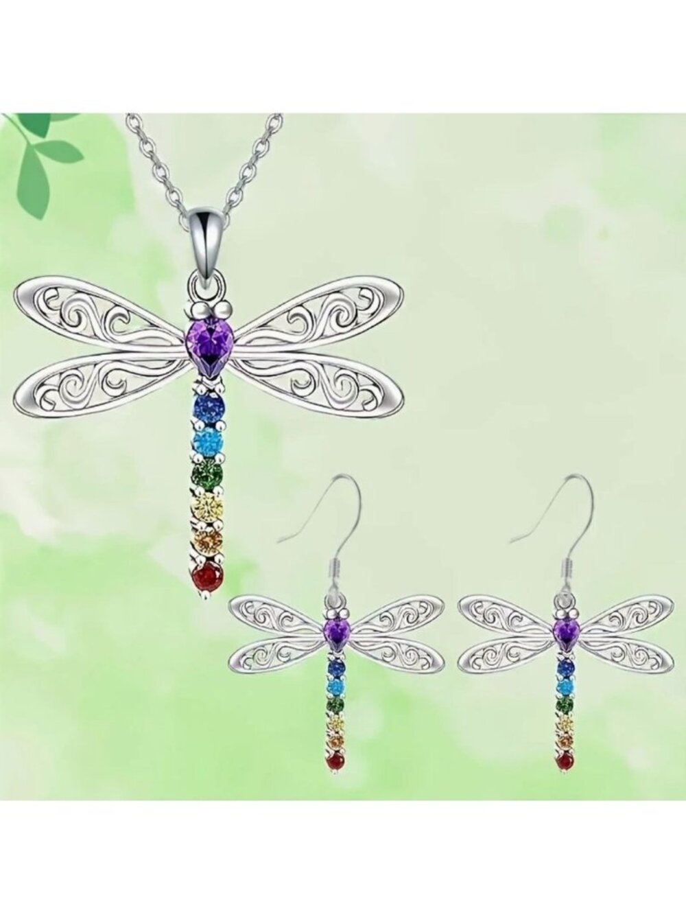 Delicate Silver Tone Dragonfly Necklace Earrings Set with Multicolor Crystals